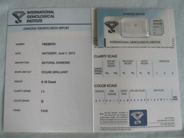 Preview: Diamant im Brillantschliff 0.10 ct / I1 / G / Fair / mit IGI Report