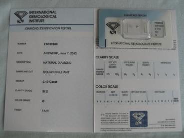 Preview: Diamant im Brillantschliff 0.10 ct / SI2 / G / Fair / mit IGI Report
