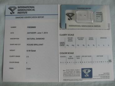 Preview: Diamant im Brillantschliff 0.10 ct / I1 / I / Fair / mit IGI Report