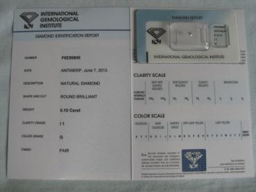 Preview: Diamant im Brillantschliff 0.10 ct / I1 / G / Fair / mit IGI Report