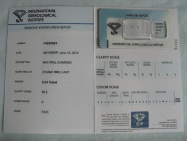 Preview: Diamant im Brillantschliff 0.05 ct / SI2 / F / Fair / mit IGI Report