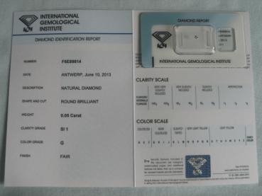 Preview: Diamant im Brillantschliff 0.05 ct / SI1 / G / Fair / mit IGI Report