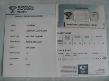 Preview: Diamant im Brillantschliff 0.06 ct / I1 / H / Fair / mit IGI Report