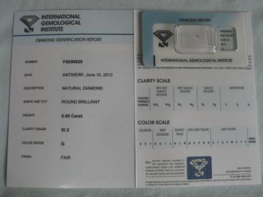 Preview: Diamant im Brillantschliff 0.06 ct / SI2 / G / Fair / mit IGI Report