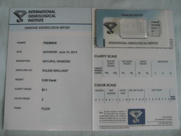 Preview: Diamant im Brillantschliff 0.05 ct / SI1 / J / Poor / mit IGI Report