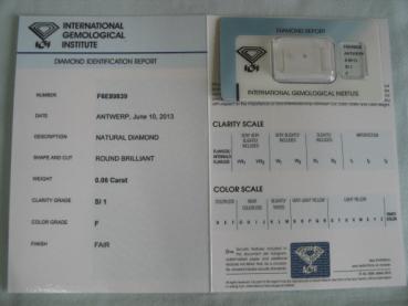 Preview: Diamant im Brillantschliff 0.06 ct / SI1 / F / Fair / mit IGI Report