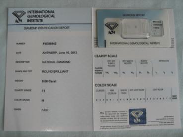 Preview: Diamant im Brillantschliff 0.06 ct / I1 / H / Fair / mit IGI Report