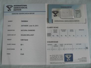 Preview: Diamant im Brillantschliff 0.06 ct / SI1 / G / Fair / mit IGI Report