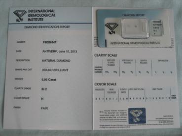 Preview: Diamant im Brillantschliff 0.06 ct / SI2 / H / Fair / mit IGI Report