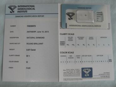 Preview: Diamant im Brillantschliff 0.07 ct / SI1 / G / Fair / mit IGI Report