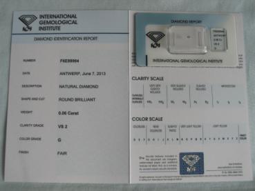 Preview: Diamant im Brillantschliff 0.06 ct / VS2 / G / Fair / mit IGI Report