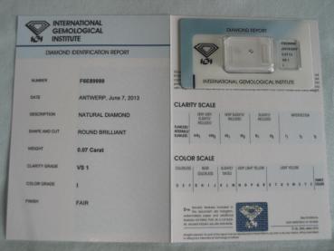 Preview: Diamant im Brillantschliff 0.07 ct / VS1 / I / Fair / mit IGI Report