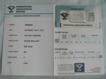 Preview: Diamant im Brillantschliff 0.07 ct / SI1 / F / Fair / mit IGI Reportie