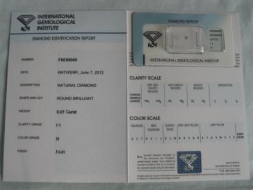 Preview: Diamant im Brillantschliff 0.07 ct / I1 / H / Fair / mit IGI Report