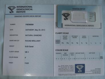 Preview: Diamant im Brillantschliff 0.03 ct / VS1/ F / Fair / mit IGI Report