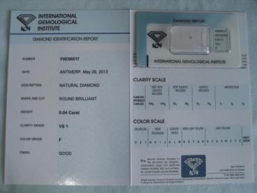 Preview: Diamant im Brillantschliff 0.04 ct / VS1 / F / Good / mit IGI Report