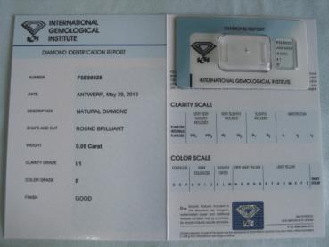 Preview: Diamant im Brillantschliff 0.05 ct / I1 / F / Good / mit IGI Report