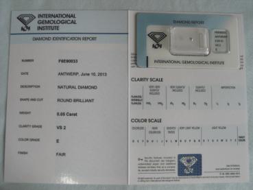 Preview: Diamant im Brillantschliff 0.05 ct / VS2 / E / Fair / mit IGI Report