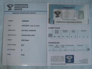 Preview: Diamant im Brillantschliff 0.05 ct / SI2 / E / Fair / mit IGI Report