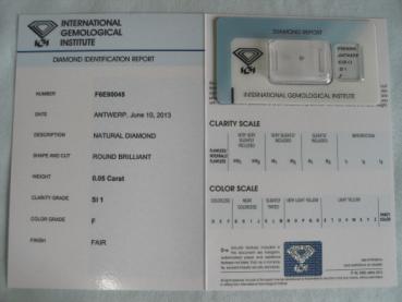 Preview: Diamant im Brillantschliff 0.05 ct / SI1 / F / Fair / mit IGI Report