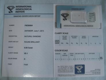 Preview: Diamant im Brillantschliff 0.05 ct / VS1 / H / Fair / mit IGI Report