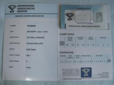 Preview: Diamant im Brillantschliff 0.05 ct / VS1 / F / Fair / mit IGI Report