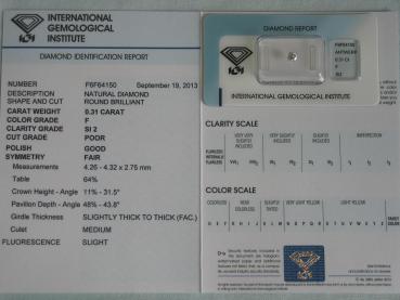 Preview: Diamant im Brillantschliff 0.31 ct/ SI2/ F/ P/ G/ F/ mit IGI Report