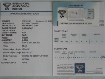 Preview: Diamant im Brillantschliff 0.25 ct/ VS1/ J/ F/ G/ G/ mit IGI Report