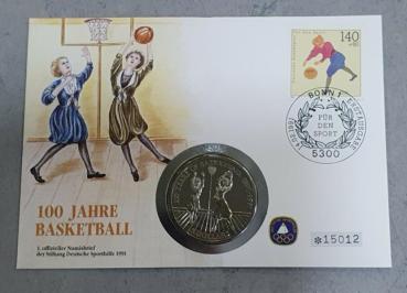 Numisbrief mit Niue 5 Dollar 1991, 100 Jahre Basketball, Neusseland