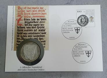 Numisbrief mit 10 DM Gedenkmünze "800 Jahre Deutscher Orden" aus 625er Silber