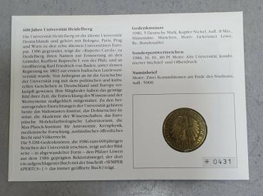 Numisbrief mit 5 DM Gedenkmünze "600 Jahre Ruprecht-Karls-Universität Heidelberg"aus CuNi