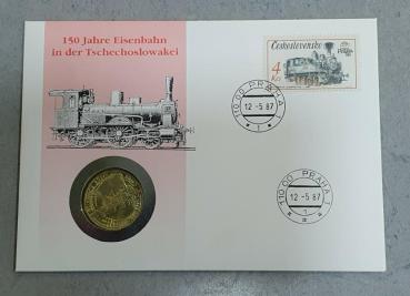 Numisbrief mit Medaille "150 Jahre Eisenbahn in der Tschechoslowakei", vergoldet