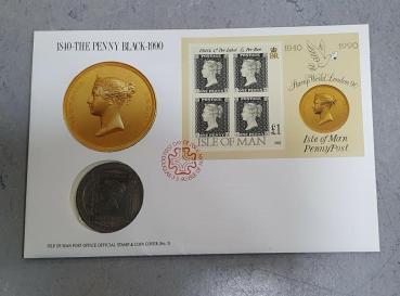 Numisbrief 1 Krone 1990, 150. Jahrestag Briefmarke Penny Black, Isle of Man