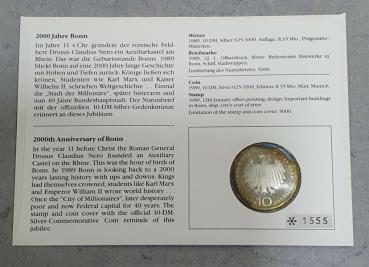 Numisbrief mit 10 DM Gedenkmünze "2.000 Jahre Bonn" 625er Silber