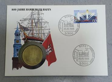 Numisbrief mit 10 DM Gedenkmünze "800 Jahre Hafen und Hamburg" aus 625er Silber