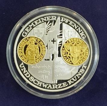 Silbermedaille "Gemeiner Pfennig und schwarze Kunst", Silber 999 mit Vergoldung, 20,0g