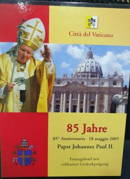 Papst Johannes Paul II - 85 Jahre - Festtagsbrief mit exclusiver Gedenkprägung, Reppa im Folder