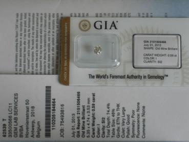 Diamant im Old Mine Brilliant Cut "I" 0.59 ct / SI2 mit GIA Repor, Laser Inscription Registry