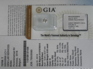 Diamant im Brillantschliff "G" 0.52 ct / VS2 mit GIA Report, Laser Inscription Registry