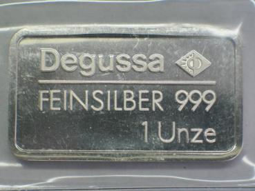 Historischer Degussa Silberbarren 1 oz, Feinsilber 999 in OVP, Rückseitenmotiv: Opel Doktorwagen