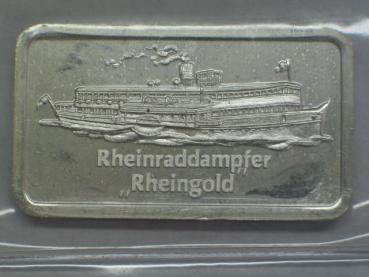 Historischer Degussa Silberbarren 1 oz, Feinsilber 999 in OVP, Rückseitenmotiv: Raddampfer Rheingold