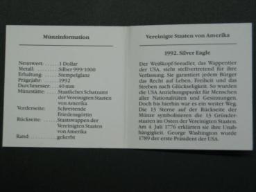 Preview: 1 oz American Eagle 1992 Silbermünze, USA, 999er Feinsilber in MDM Münzetui und Zertifikat