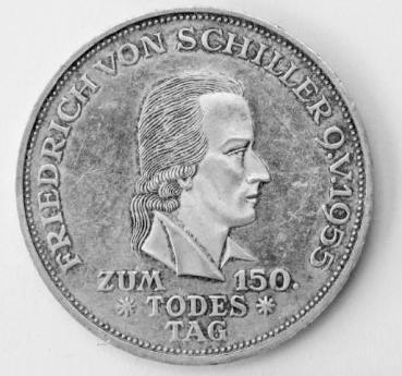 5 DM Gedenkmünze "150. Todestag von Friedrich Schiller" aus 625er Silber 1955