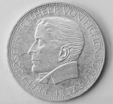 5 DM Gedenkmünze "100. Todestag von Joseph Eichendorf" aus 625er Silber 1957