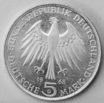 Preview: 5 DM Gedenkmünze "500. Todestag von Johannes Gutenberg" aus 625er Silber 1968