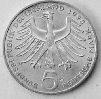 5 DM Gedenkmünze "100. Geburtstag von Albert Schweitzer" aus 625er Silber 1975