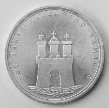 10 DM Gedenkmünze "800 Jahre Hafen und Hamburg" aus 625er Silber 1989