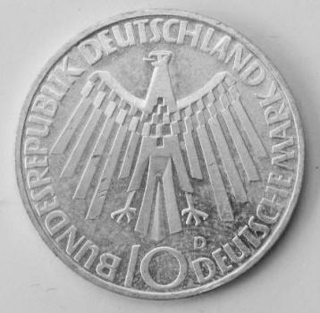 10 DM Gedenkmünze "Olympia Spirale Deutschland" Prägestätte: D aus 625er Silber