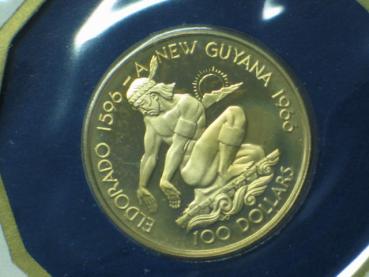 100 Dollar Goldmünze 1976, Guyana, Franklin Mint in OVP mit Zertifikat