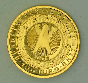 100 Euro Gold 2002 "Einführung" mit original Münzetui und Beschreibung, 1/2 oz Feingold 999,9